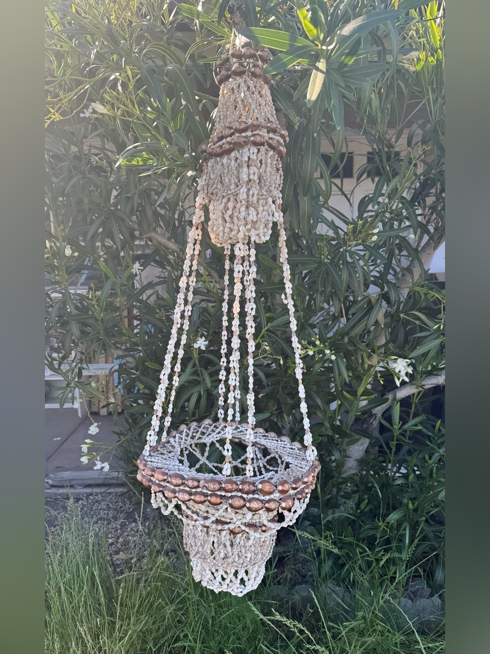 Vintage Cowrie Shell Hanging Planter Boho Coastal Tiki Decor Macrame Basket 37”